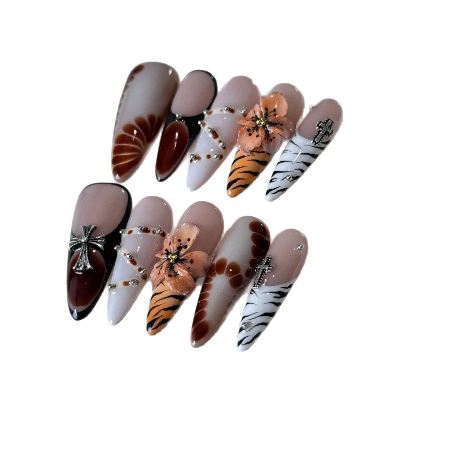 French style leopard print nail stickers with cross and flower designs in four sizes