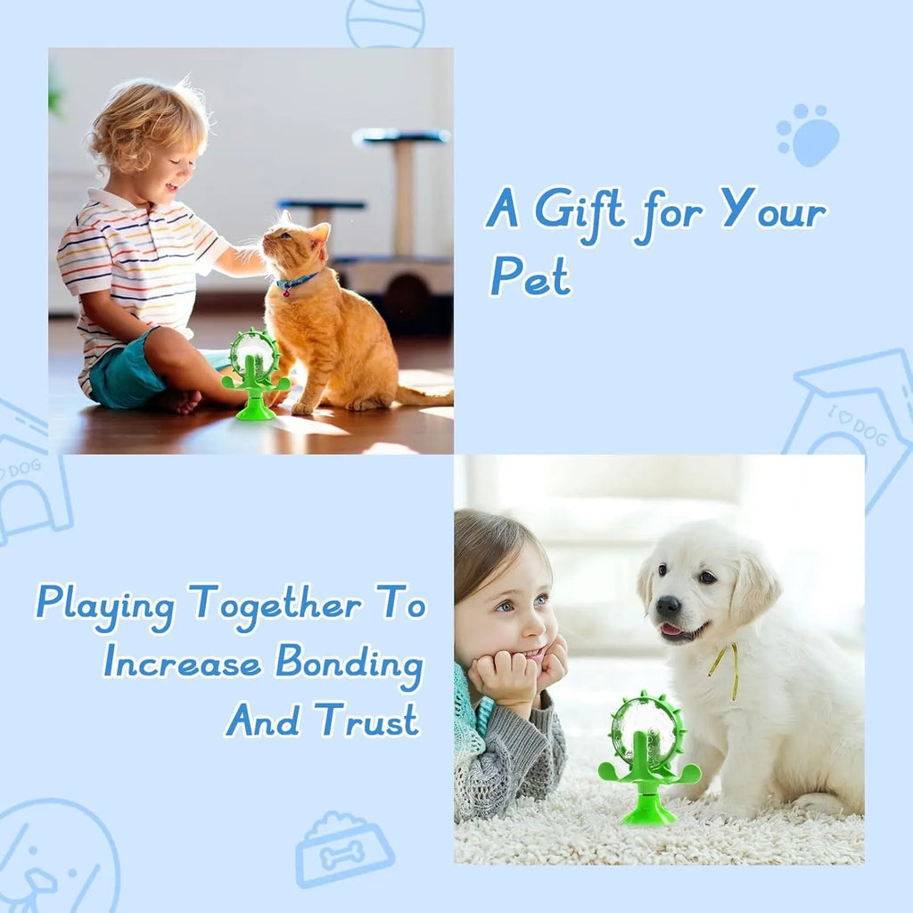Interactive pet puzzle slow feeder toy with suction cup base in blue, green, red, or yellow colour.