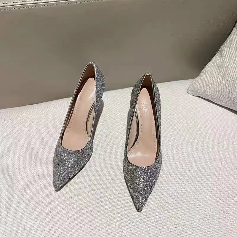 Women's wedding shoes with crystal decoration in silver or black with stiletto heels