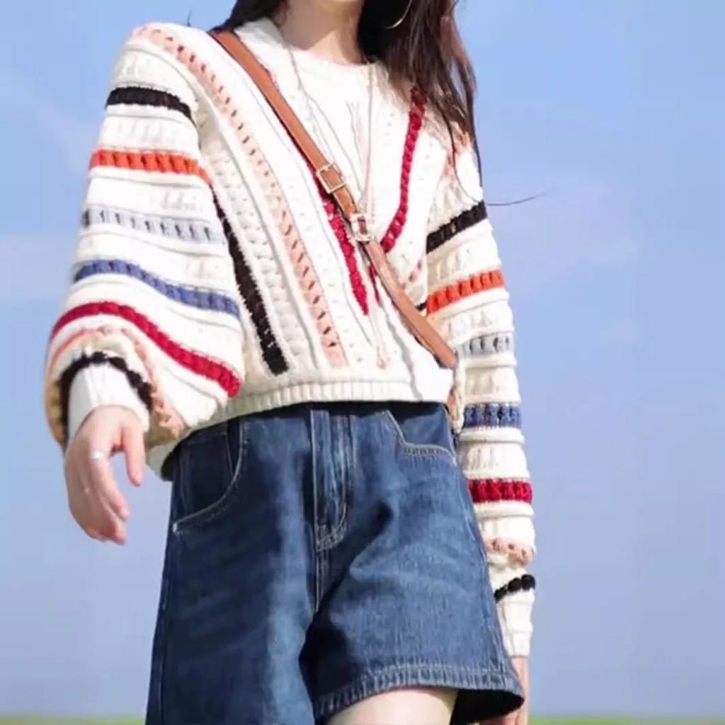 Colourful rainbow striped loose sweater with batwing sleeves and round neck