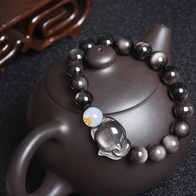 Natural obsidian zodiac bracelet with 10mm beads in gold, silver and black stone variations