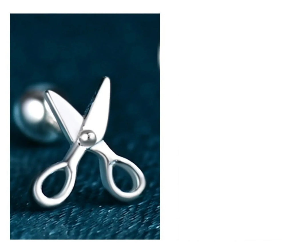 Pure silver screw ear nails with mini scissors design for cartilage piercings
