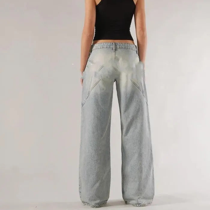 Women's blue loose straight wide leg cotton trousers with low waist and stitching detail