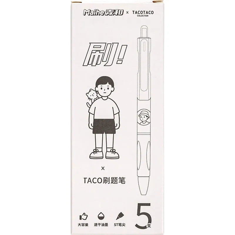 Five neutral black ballpoint pens with 0.5mm tips for student exam and writing use