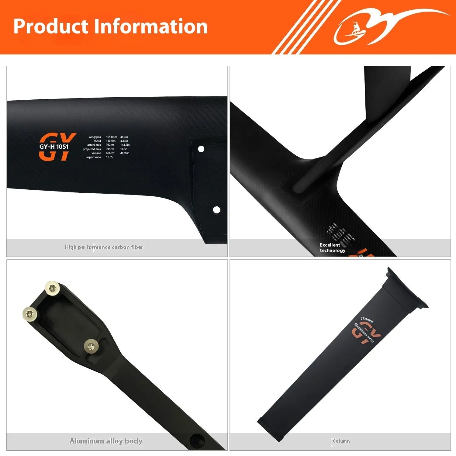 Black carbon fibre and aluminium hydrofoil surfboard with a wide front wing for wave riding.
