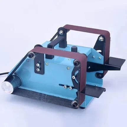Blue desktop dual-axis belt sander with motor and abrasive belt, for knife sharpening and workshop use