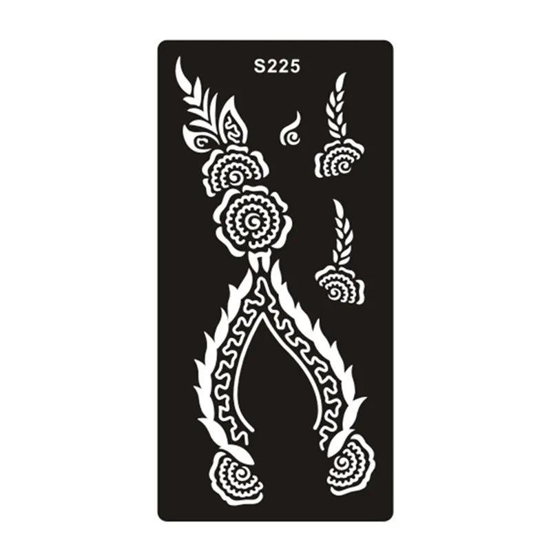 Sheet of hollow geometric and Southeast Asian style temporary tattoo templates on water transfer paper.