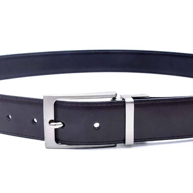 Men's brown and black genuine leather belt with rotating pin buckle showing 2-4cm width
