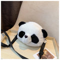 Plush cylindrical crossbody bag with panda design, showing sandwich pocket and shoulder strap
