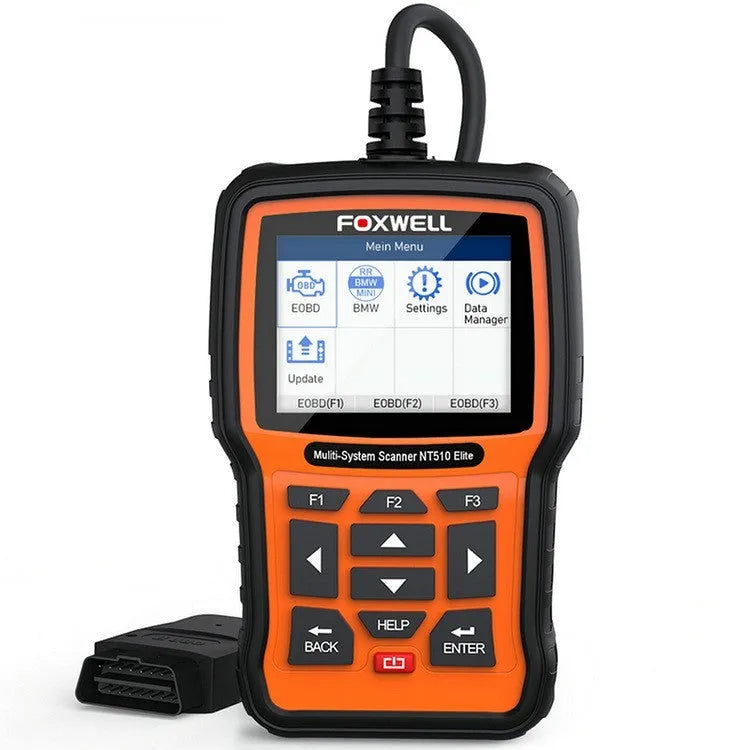 Foxwell NT510 orange and black automotive diagnostic tool with OBD2 cable