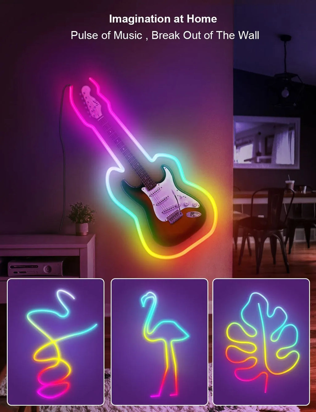 3 metre long RGB neon light strip showing colour-changing LEDs with remote control