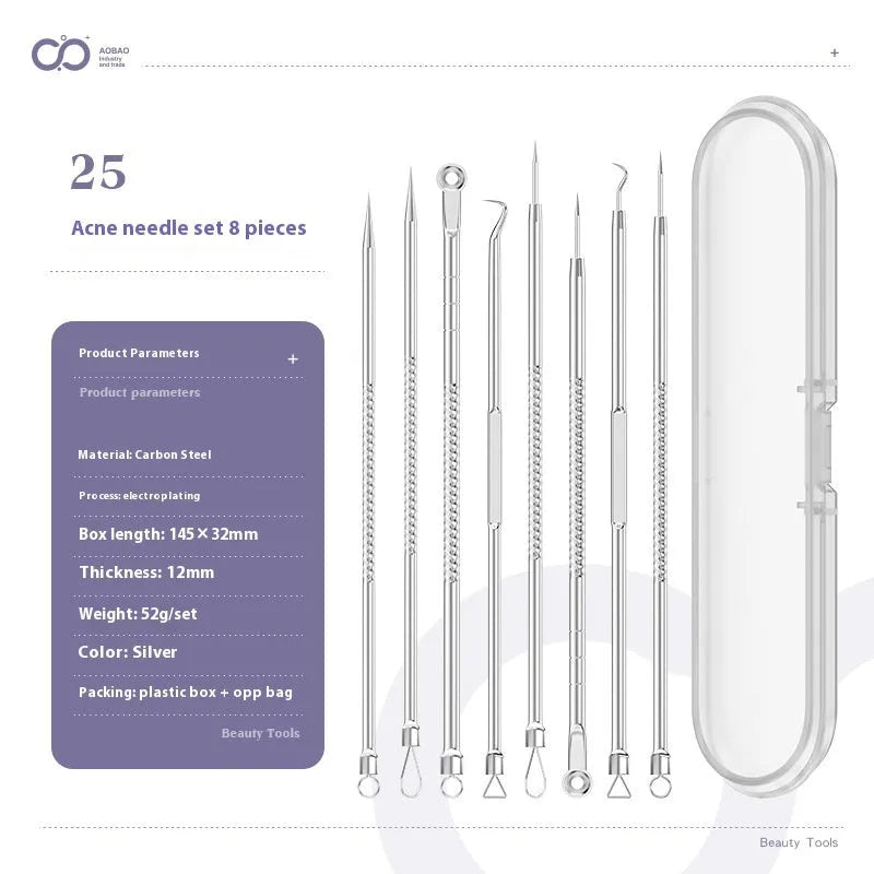 Four-piece metal acne needle set with ultra-fine pointed tips for blackhead removal