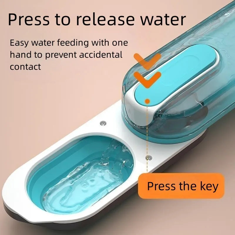 Blue portable dog water bottle with unfolded silicone drinking bowl on grass