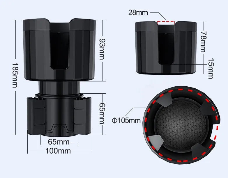 Matte black adjustable car cup holder expander for extra large bottles and cups.