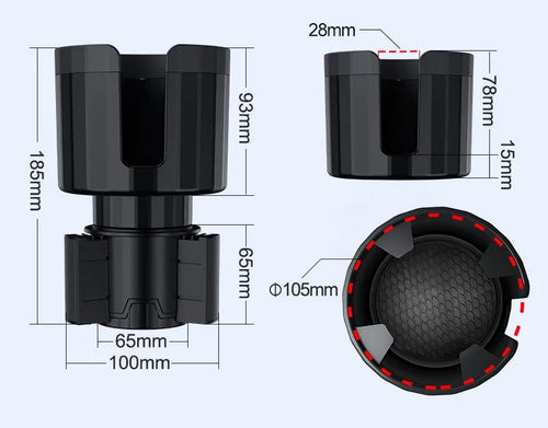Matte black adjustable car cup holder expander for extra large bottles and cups.