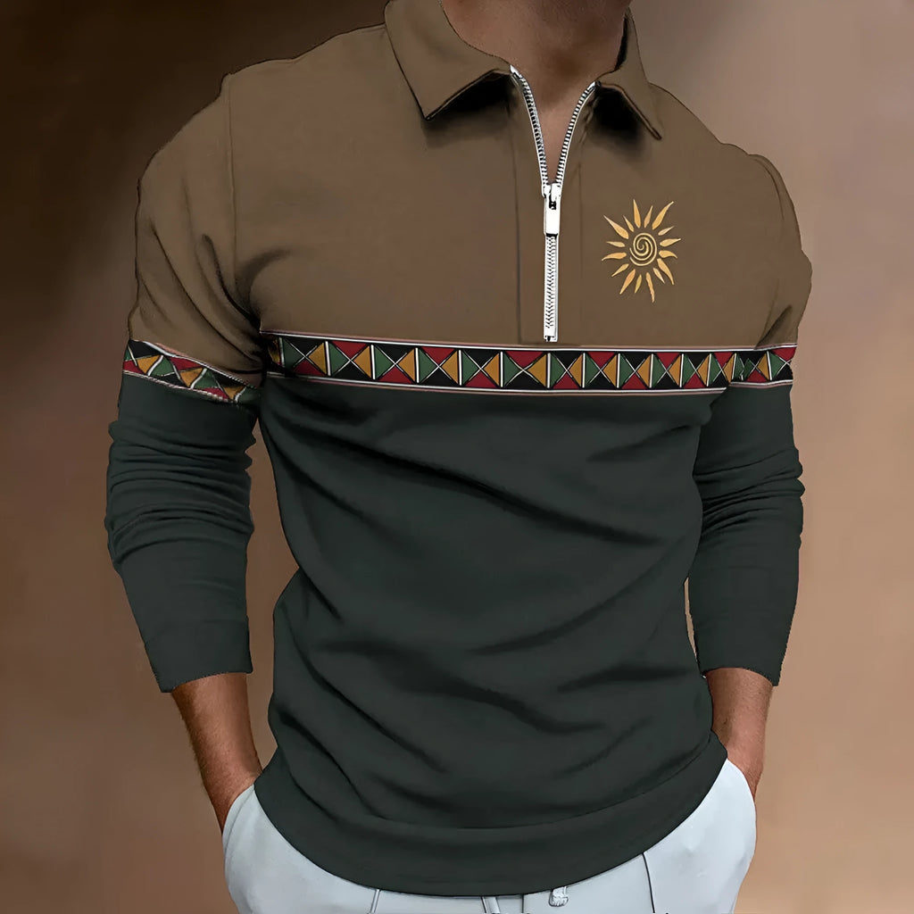 Men's striped retro print golf t-shirt with long sleeves and zipper details in loose fit