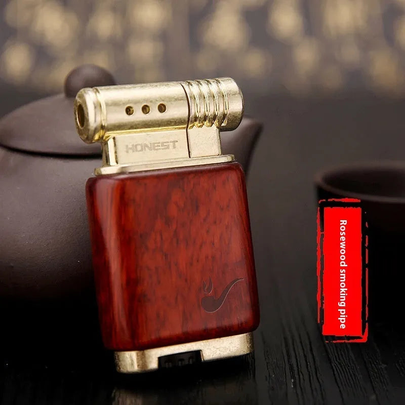 Ebony gas lighter with decorative wood finish in metal construction
