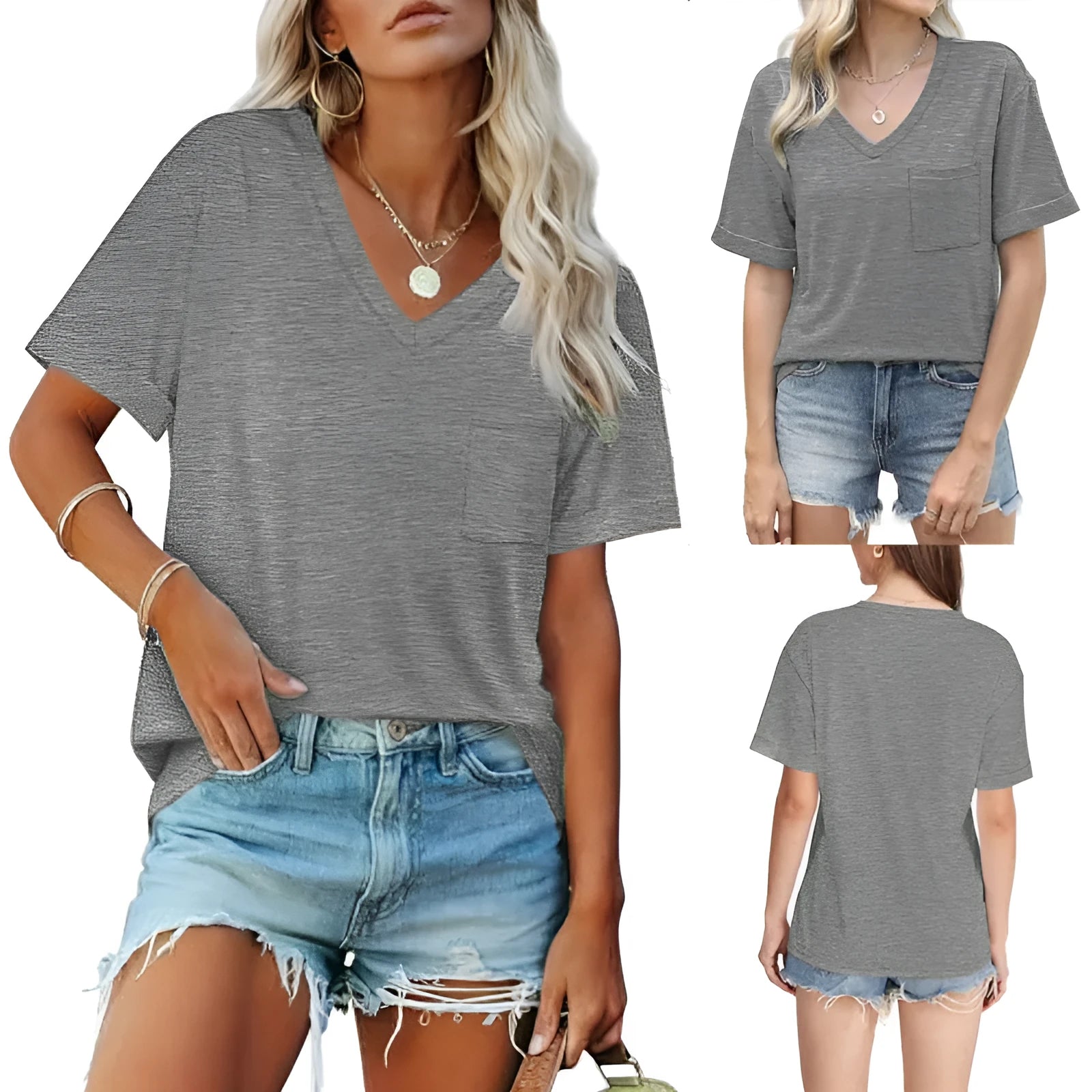 Grey loose fit men's V-neck t-shirt with chest pocket in Japanese Korean casual style