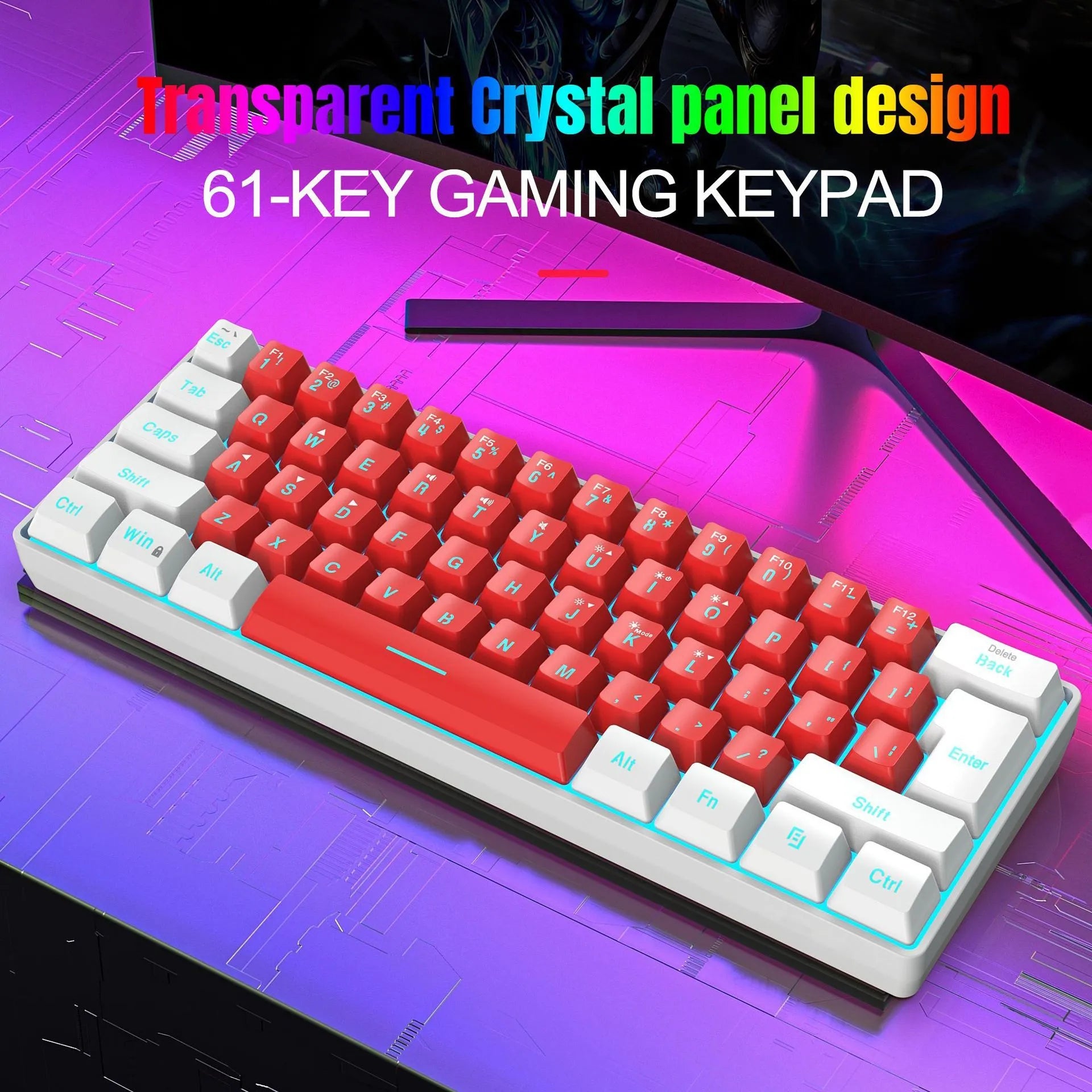Compact 61-key wired membrane keyboard in white and black colour scheme