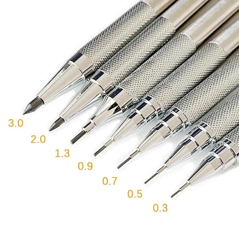 Metal mechanical pencil with automatic feed mechanism and choice of five lead sizes
