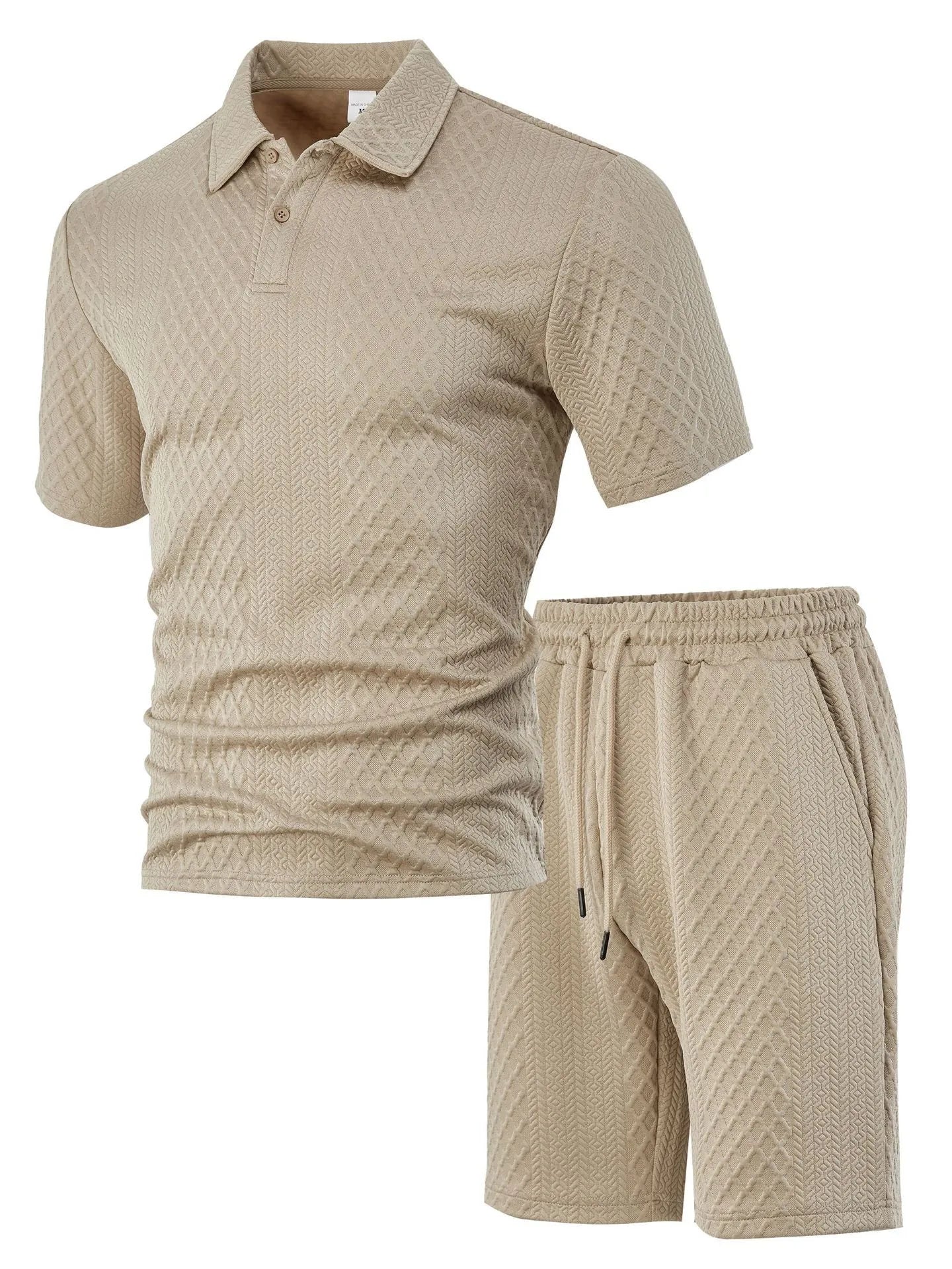 Men's figured cloth short sleeve suit with polo shirt and matching trousers in sports leisure style