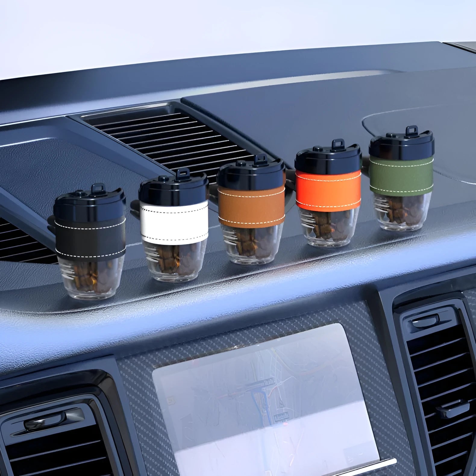 Coffee cup shaped plastic car air freshener in choice of five colours for vehicle interior use
