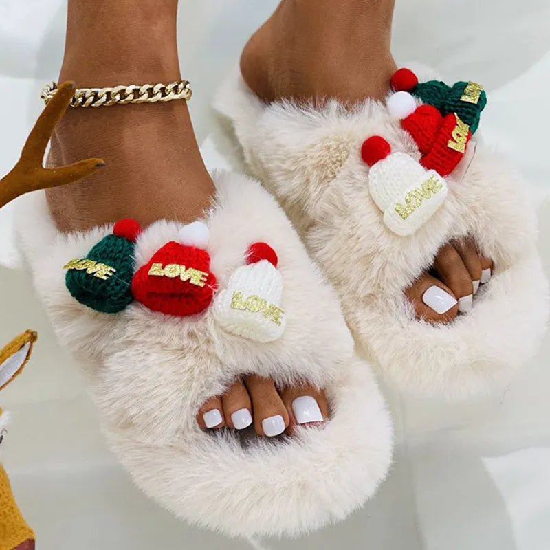 Women's Christmas hat decoration slippers in faux plush, showing black, khaki, and white colour options.