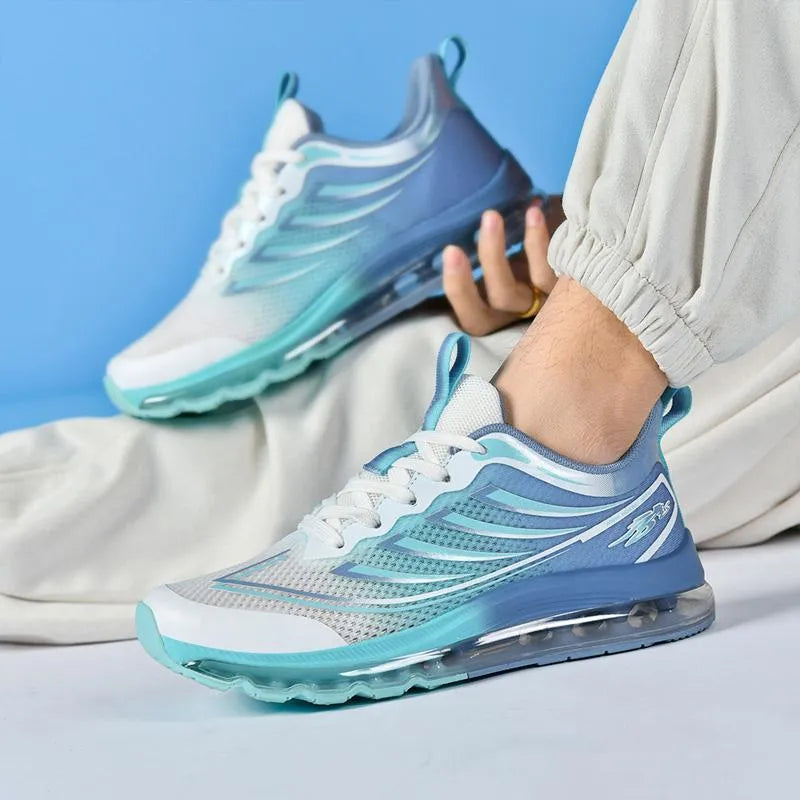 Men's woven blue and white sneakers with a round toe, shown in a size up to EU 48 on a plain background.