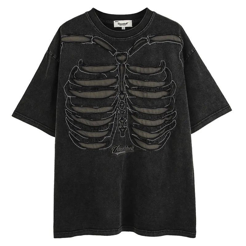 Men's black loose fit cotton T-shirt with skull and letter print, drop-shoulder sleeves