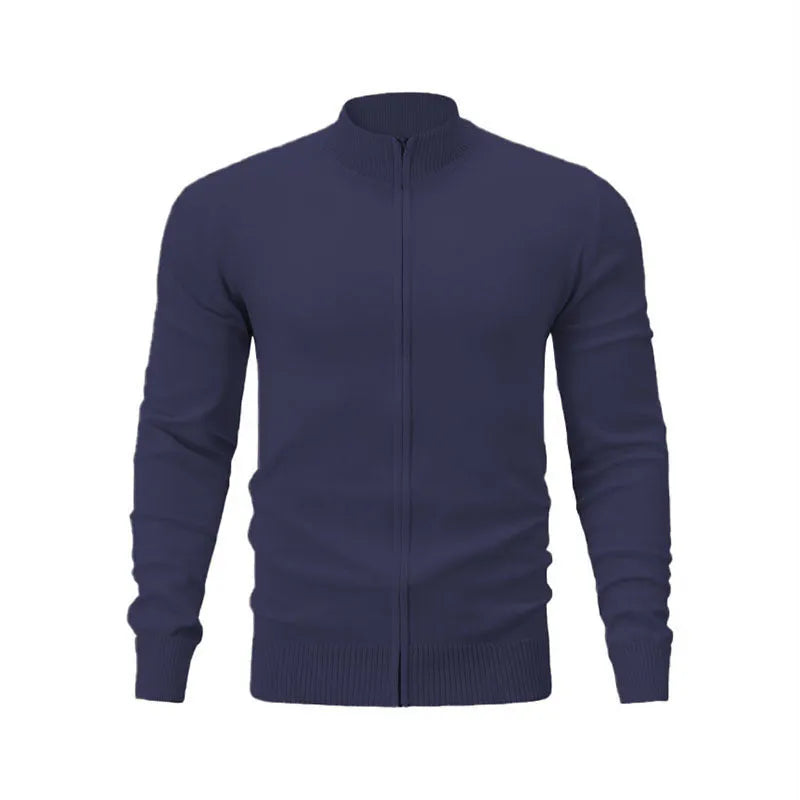 Man wearing a zip-front cotton cardigan in a solid colour, showcasing the stand collar and loose fit.