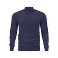 Man wearing a zip-front cotton cardigan in a solid colour, showcasing the stand collar and loose fit.