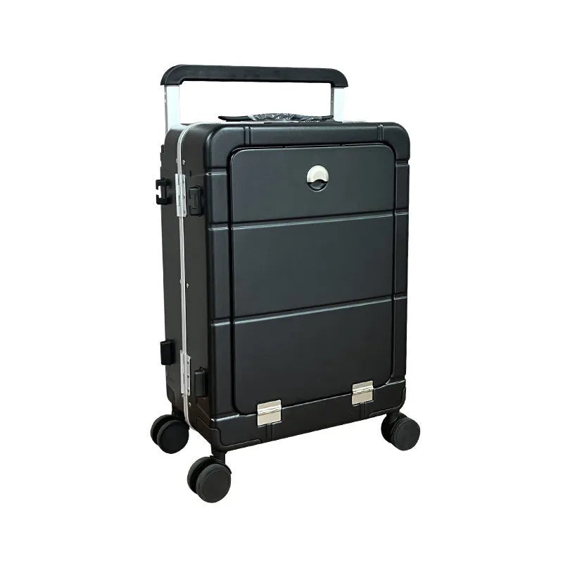 20-inch black cabin suitcase with a front-opening wet-dry compartment and four spinner wheels.
