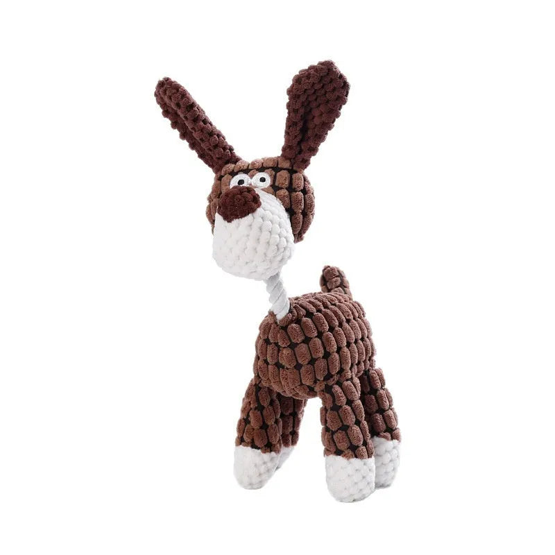 Assorted plush puppy toys including a blue elephant, coloured donkeys, and rechargeable duck styles.