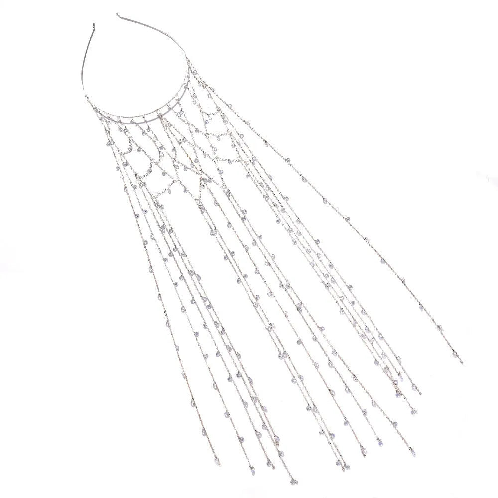 Gold and silver rhinestone mesh headband with hanging tassel details.