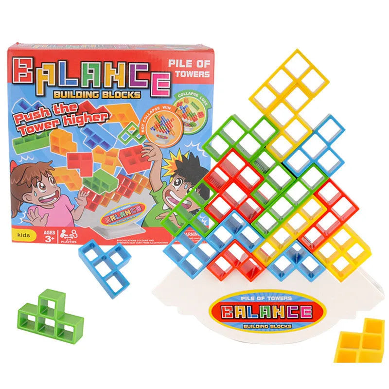 Plastic balance stacking game with 16 colourful building blocks, chassis, and base on a 26.5cm board.