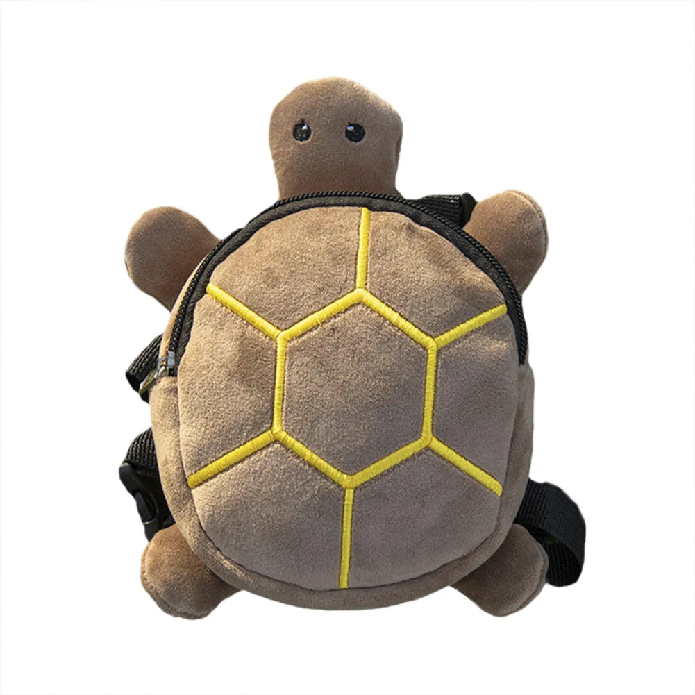 Cartoon turtle shape dog backpack harness vest in velvet with metal zipper, shown in brown colour