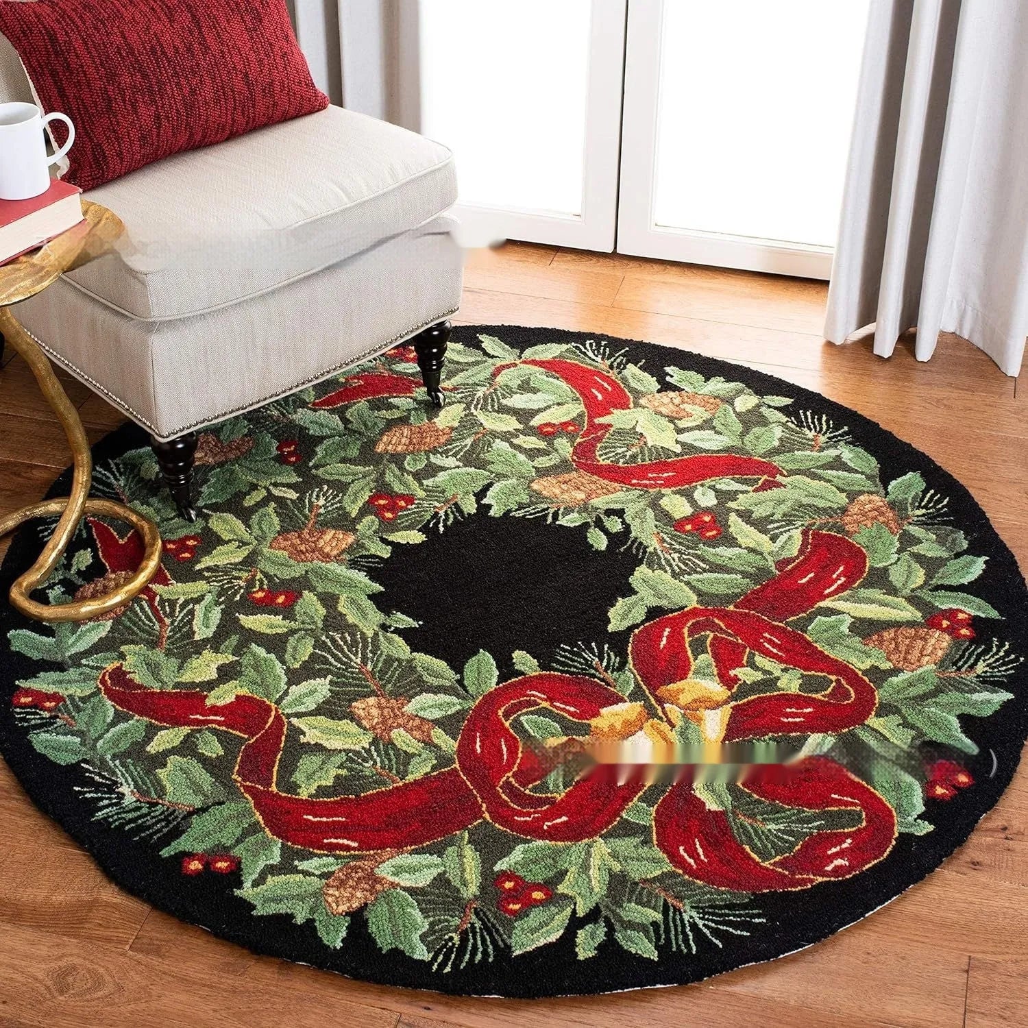 Round printed Christmas carpet on floor in festive red and green pattern.