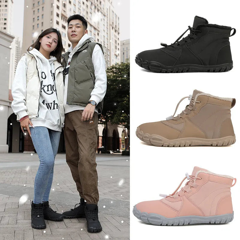 A pair of waterproof fleece-lined outdoor snow boots with a round toe, front laces, and a rubber sole.