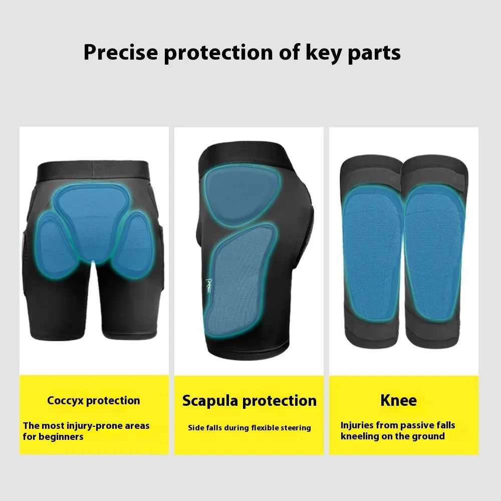 X-ray diffraction skiing protective gear set showing hip pads and knee pads for multi-sport safety.