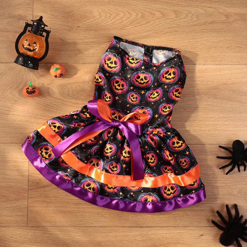 Halloween dog skirt with colourful pumpkin or skull print on white background
