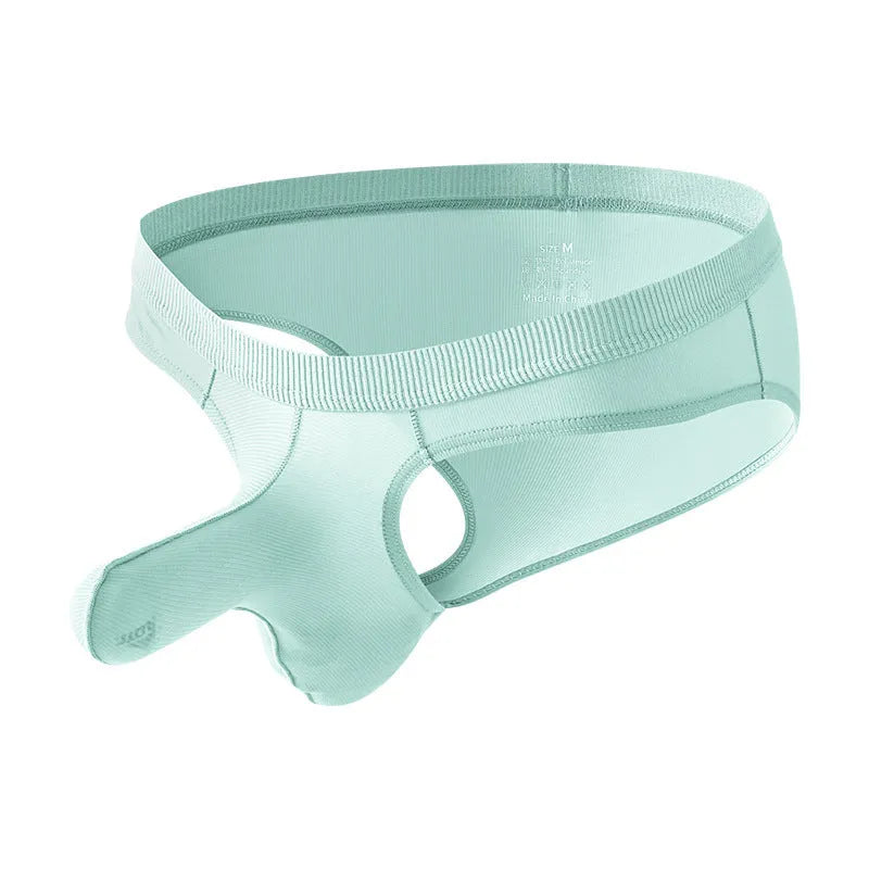 Ice silk men's low waist briefs underwear shown in multiple colours including black, grey, purple blue, light green, and pink.