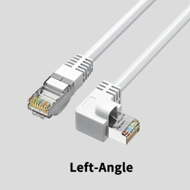 Cat6 Ethernet cable with right-angle RJ45 connector in multiple colour options including black, white, and red