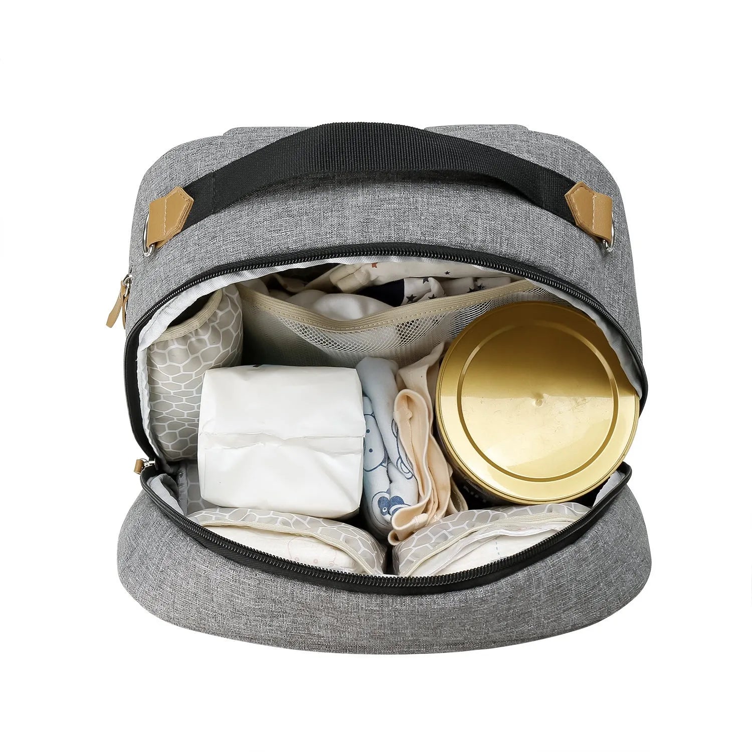 Grey insulated Oxford cloth mother and child travel backpack with curved shoulder straps, shown open to display organisation compartments.