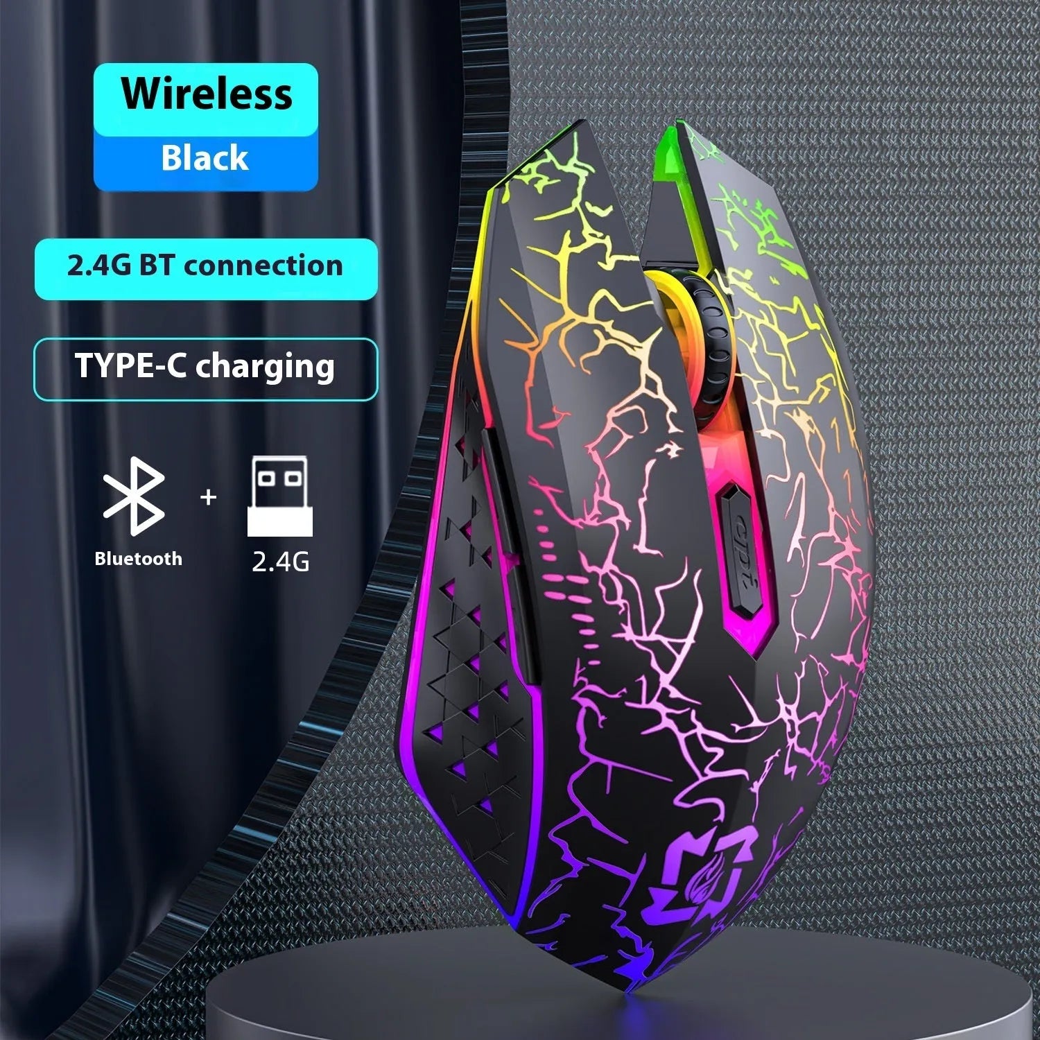 Black and white Bluetooth dual-mode gaming mouse with luminous breathing light and rechargeable design