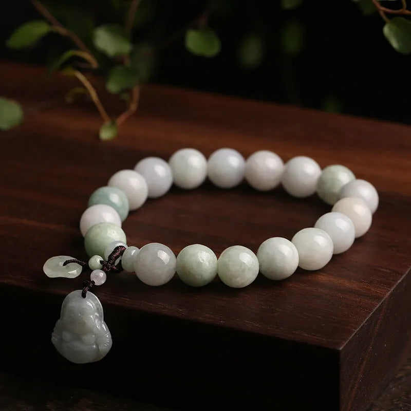 Natural emerald jade bracelet with geometric Maitreya Buddha pendant in adjustable design