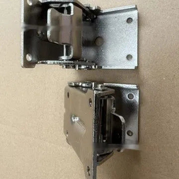 Close-up of a self-locking furniture folding hinge in an electroplated finish, set at a 90-degree angle.