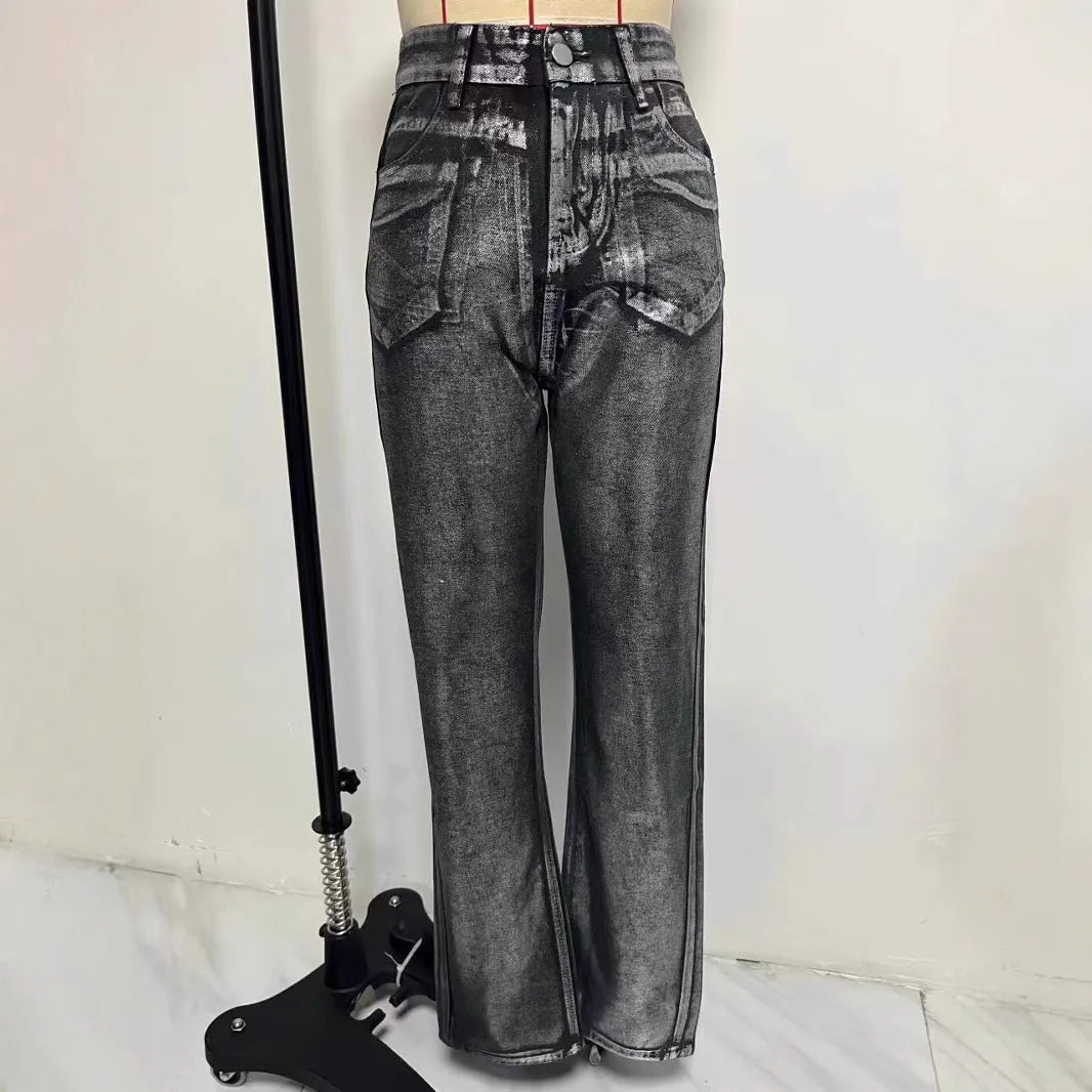 Washed blue high waist straight-leg jeans with contrast colour details on a mannequin.