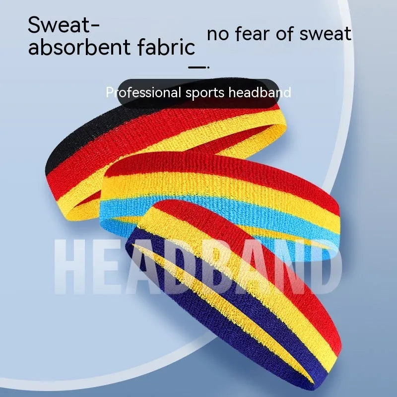 Multi-colour striped sports headband for adults shown in a 5.5 by 20 cm size.
