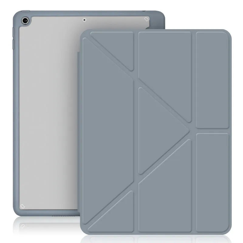 iPad protective case with Y-folding bracket design showing pen storage slot and imitation leather finish