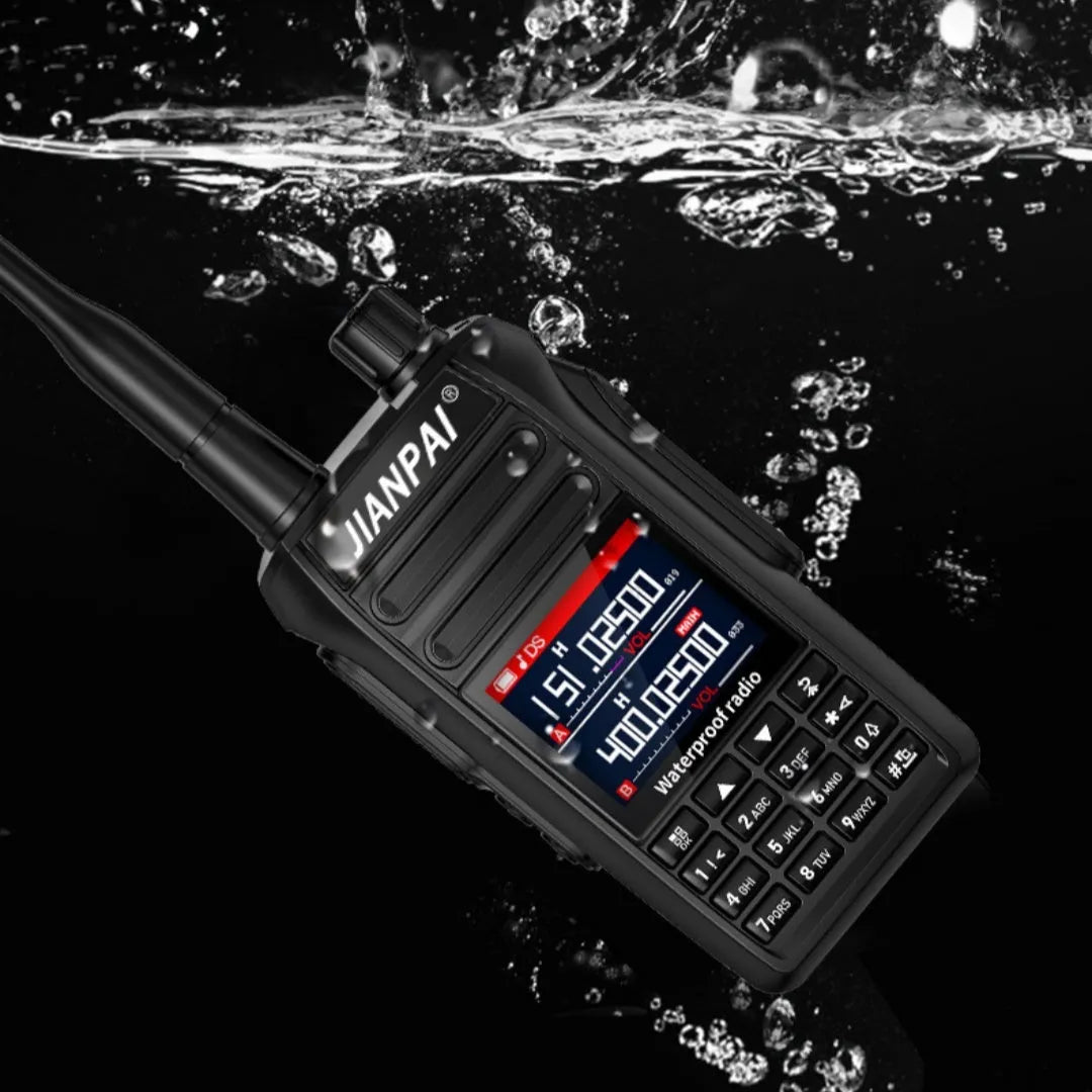 Black Interphone waterproof aviation communication headset with microphone, antenna, battery, and charging accessories